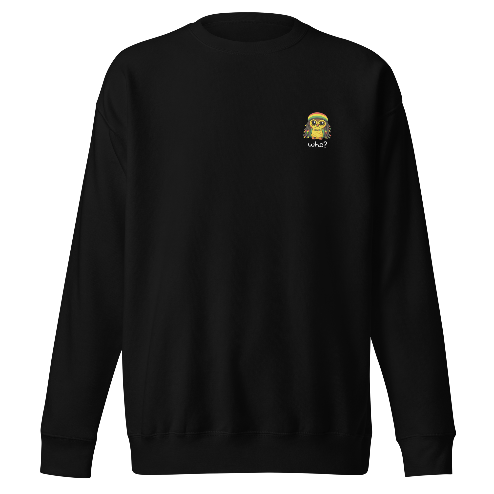 Rasta Who Nest Crew in Black, front view