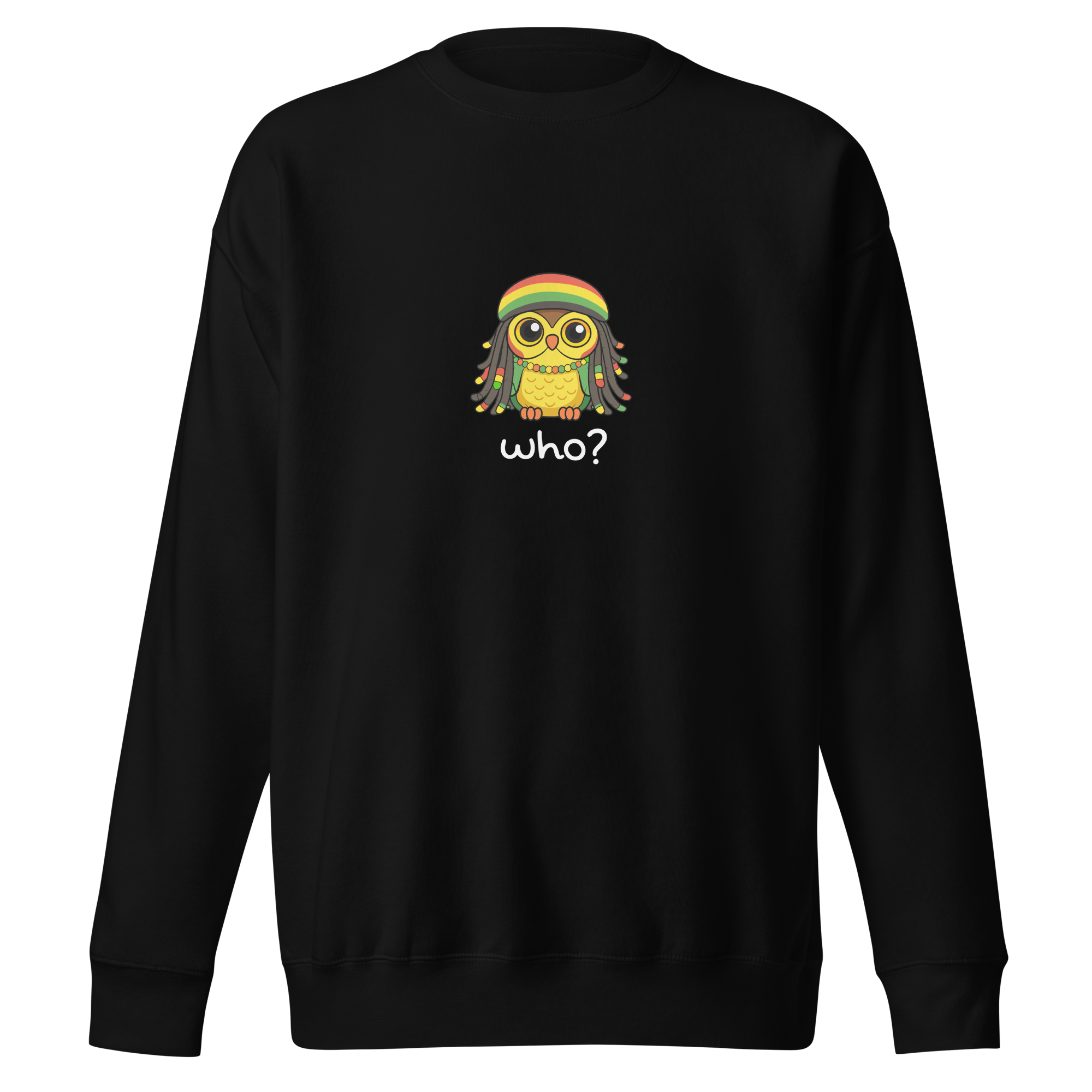 Rasta Who Nest Crew (Large Print) in Black, front view