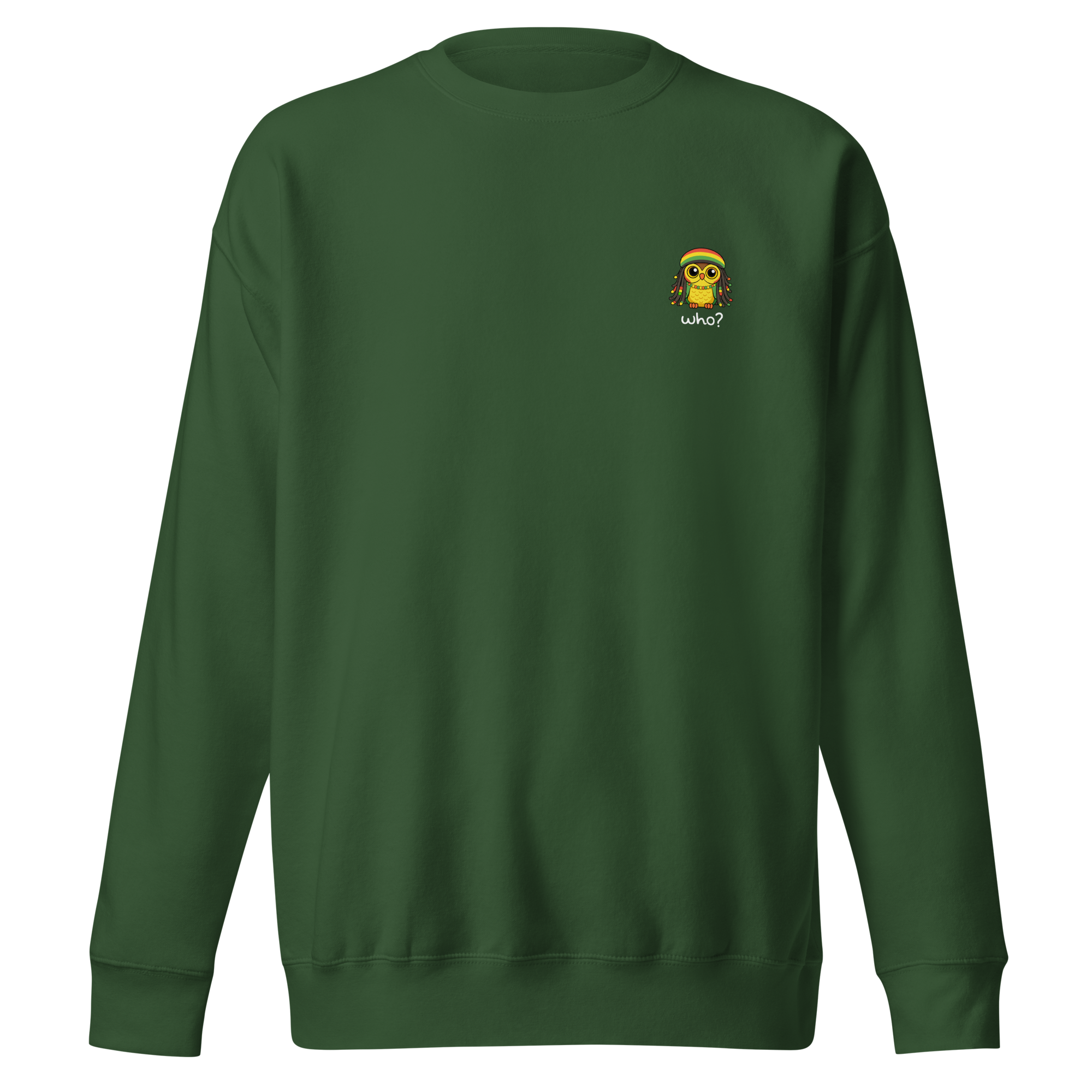 Rasta Who Nest Crew in Forest Green, front view
