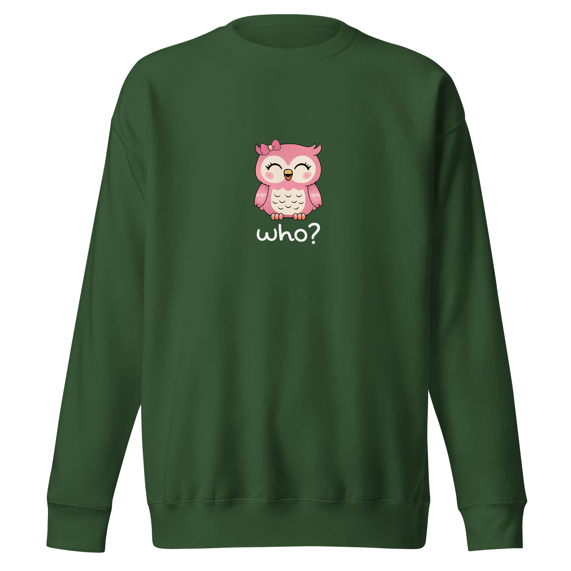 Girly Girl Who Nest Crew (Large Print) in Forest Green, front view