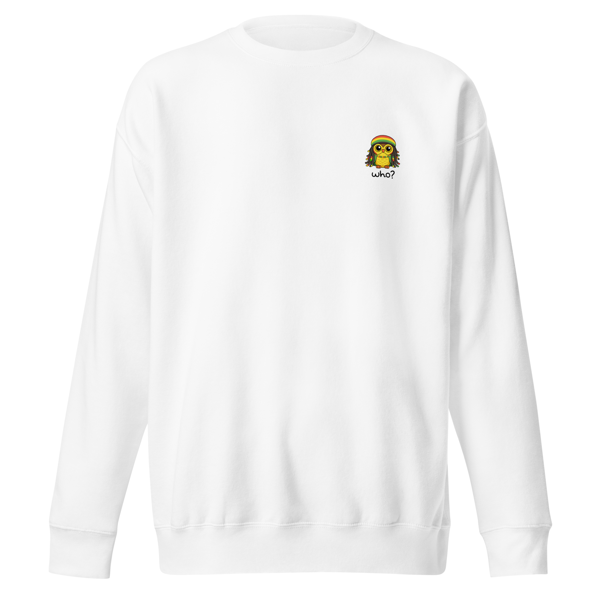 Rasta Who Nest Crew in White, front view