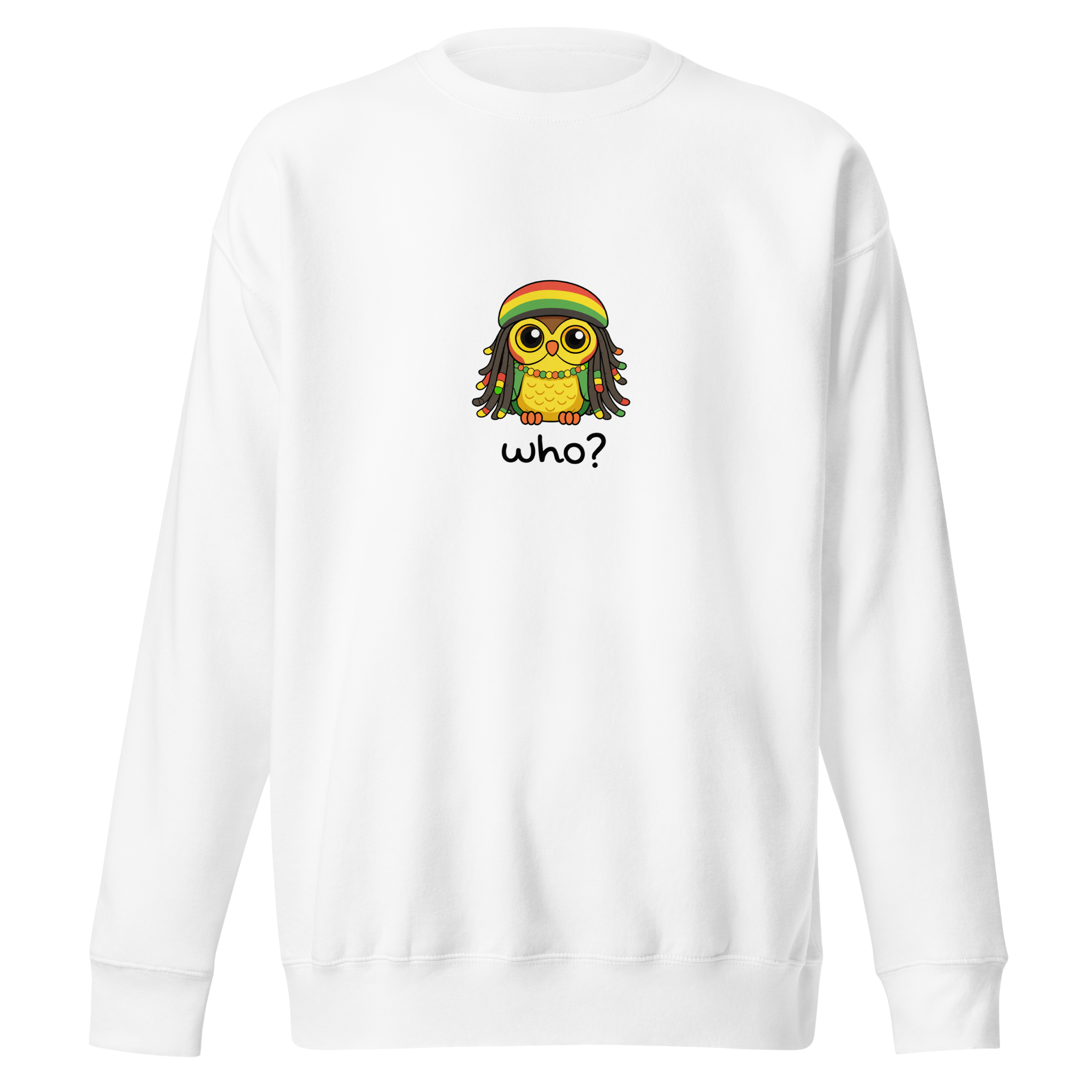 Rasta Who Nest Crew (Large Print) in White, front view