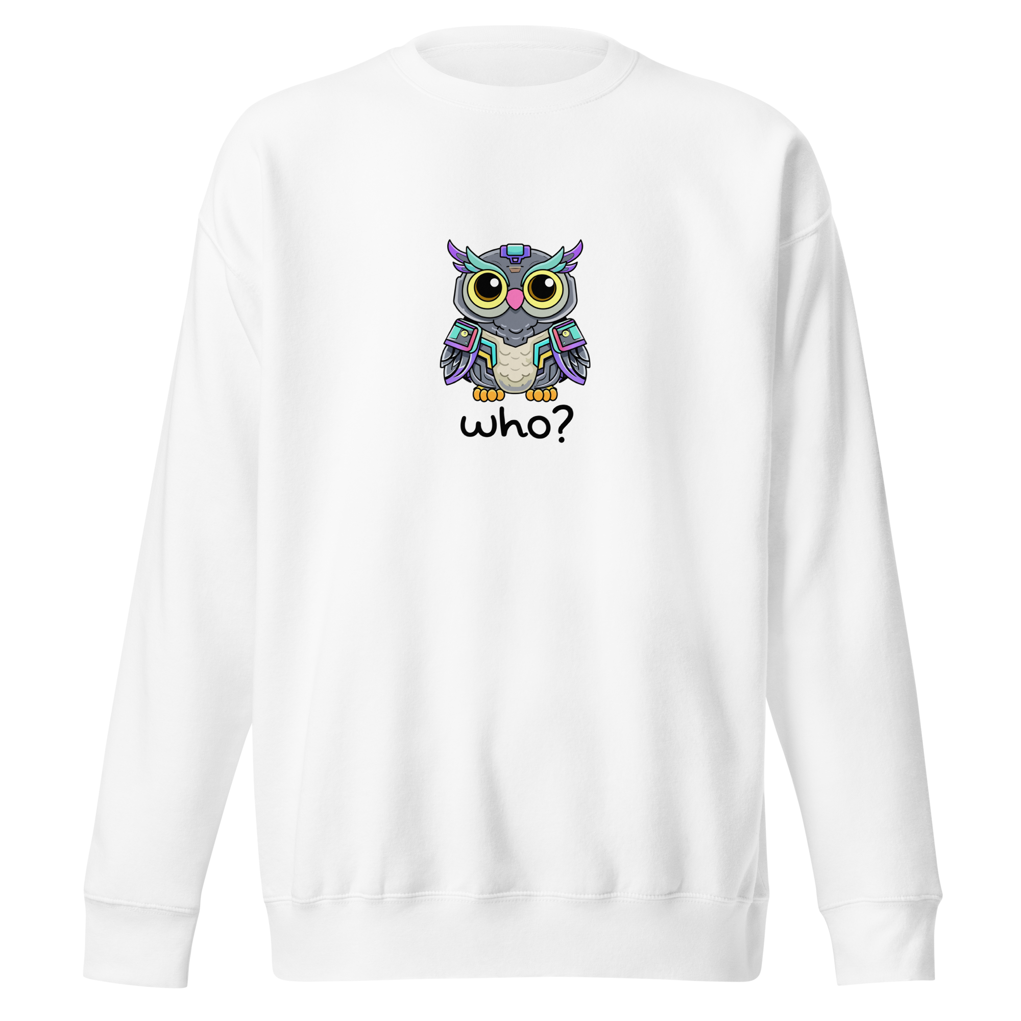 Cyberpunk Who Nest Crew (Large Print) in White, front view